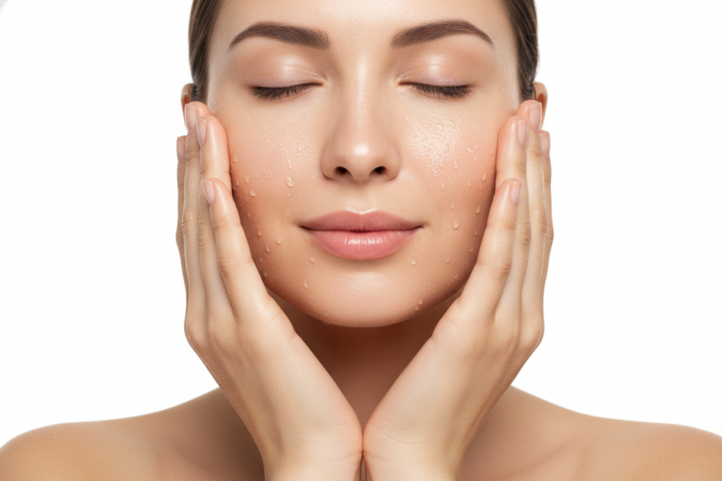 Woman applying multiple layers of hydrating toner with hands