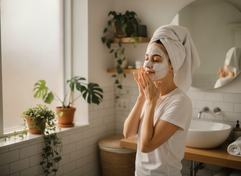 Woman applying natural DIY face mask showing relaxed skincare routine Woman applying natural DIY face mask showing relaxed skincare routine