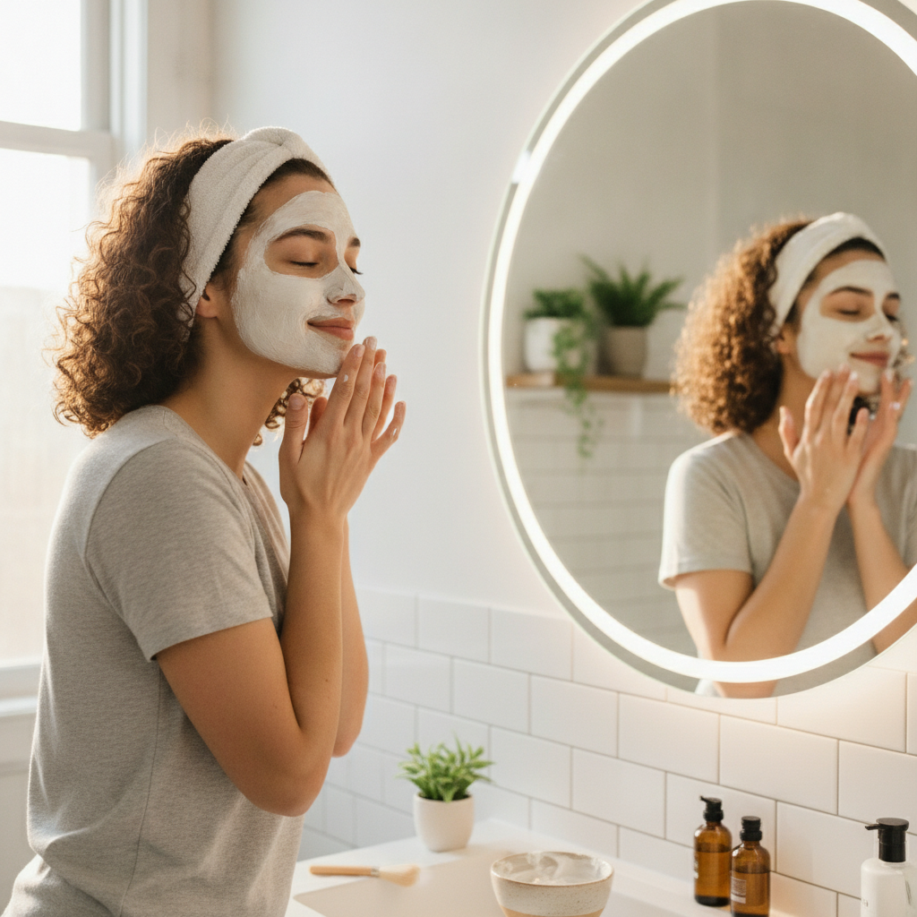 Woman applying natural face mask as part of weekly skincare routine