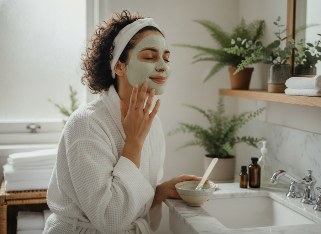 Woman applying natural face mask for glowing skin