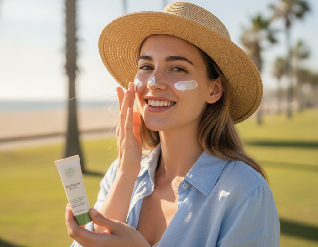 Woman applying natural sunscreen for skin protection and clear skin health