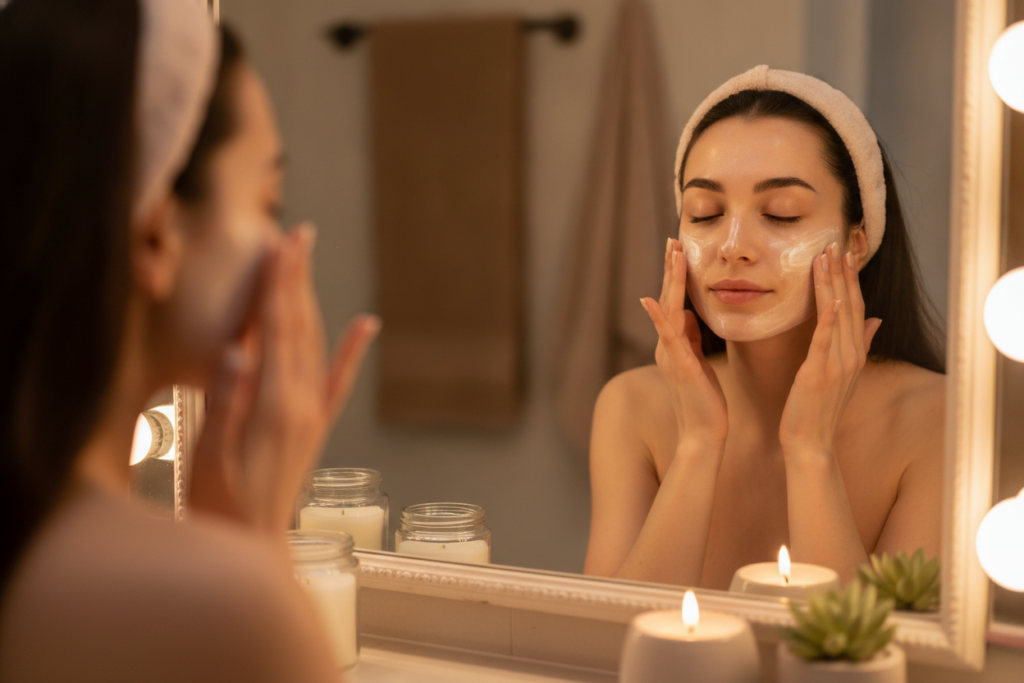 Woman applying nighttime skincare cream for glowing skin treatment