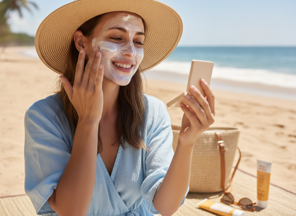 Woman applying sunscreen for sun protection and skin health