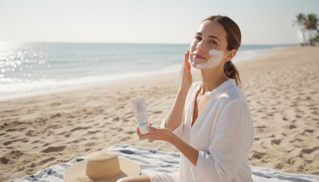 Woman applying sunscreen protection for healthy glowing skin outdoors