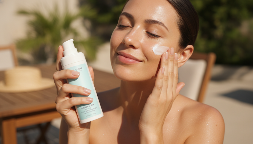 Woman applying sunscreen to face outdoors