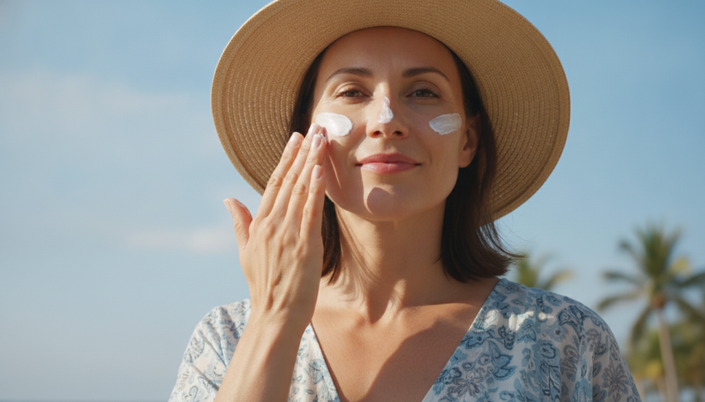 Woman applying sunscreen to her face outdoors on a sunny day