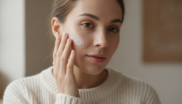 Woman applying winter skin care moisturizer to healthy glowing face