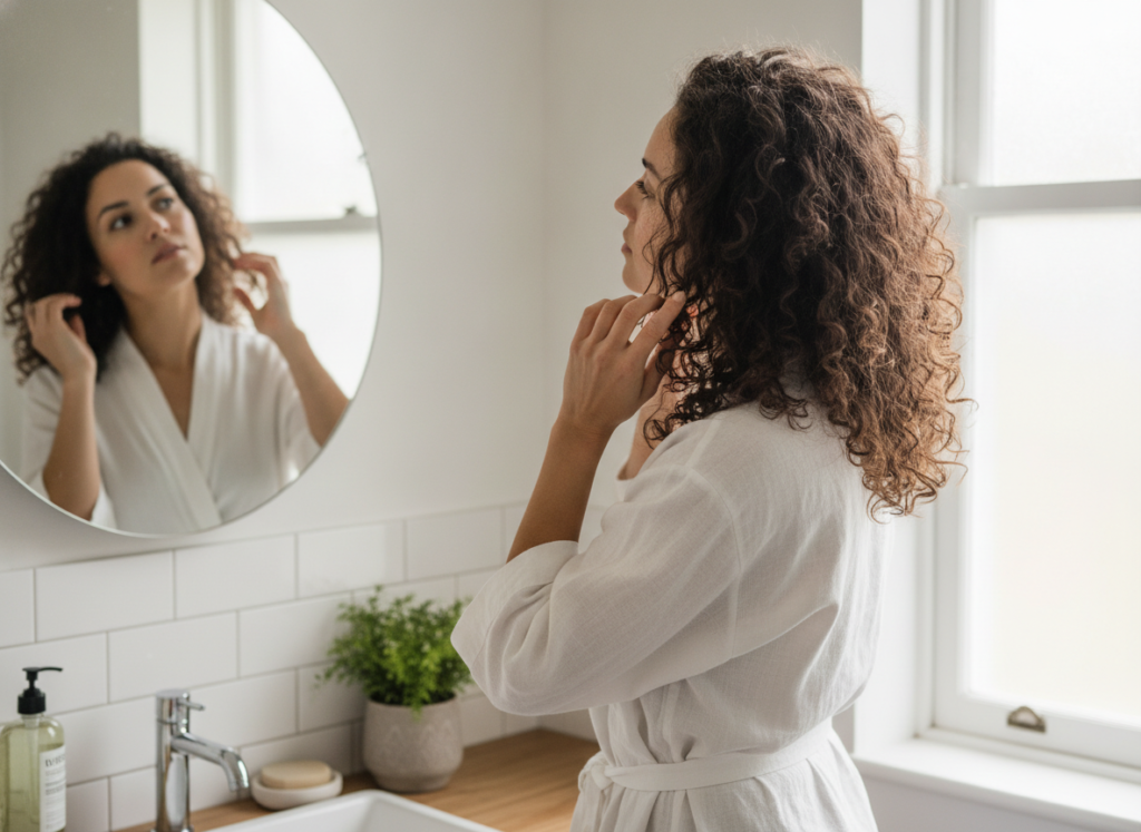 Woman checking moisture on low porosity hair strands