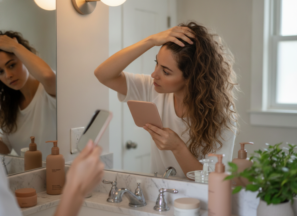 Woman checking scalp and hair health in a mirror during a hair growth challenge Woman checking scalp and hair health in a mirror during a hair growth challenge