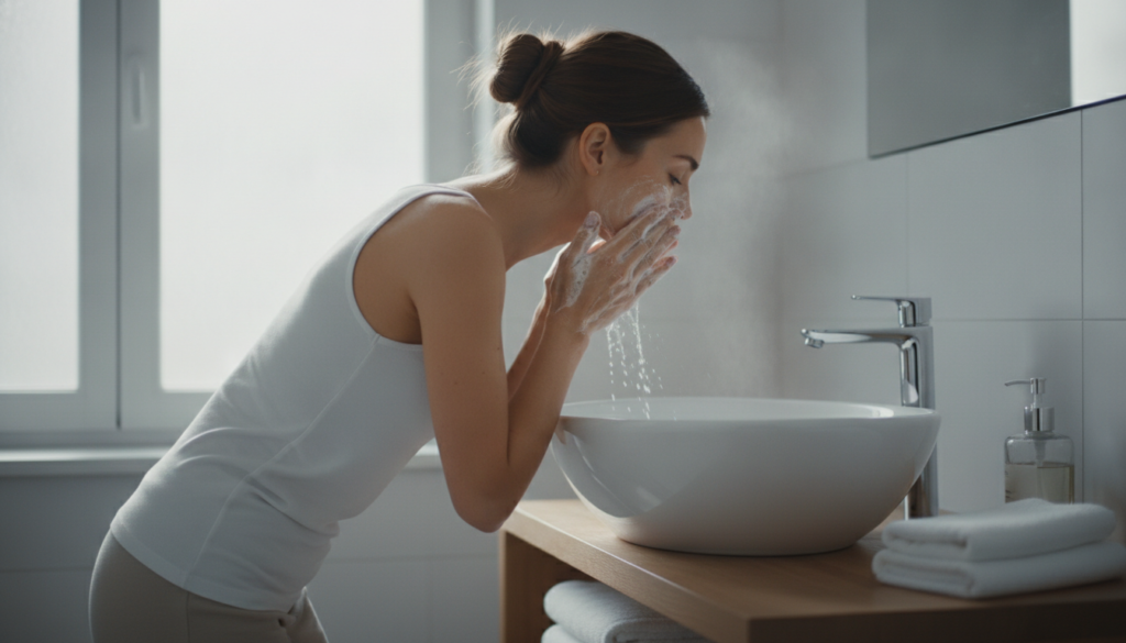 Woman cleansing her face with gentle circular motions over a bathroom sink