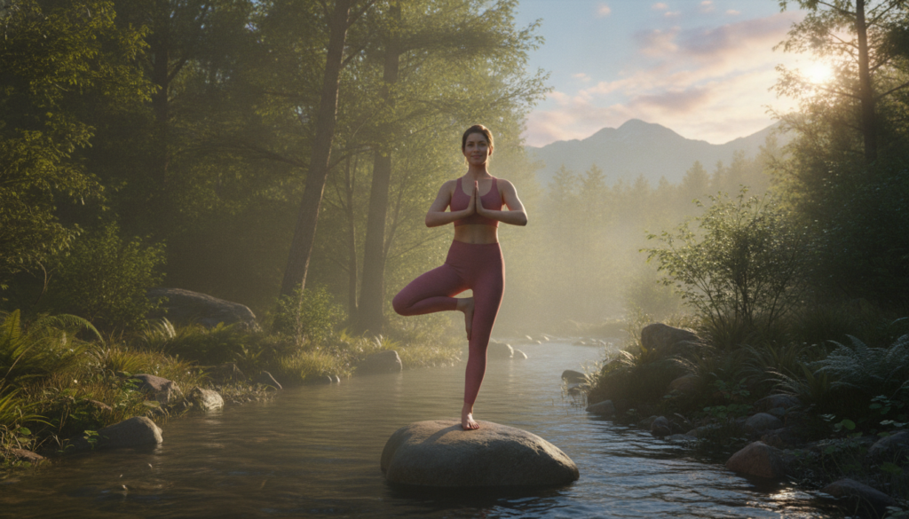 Woman doing yoga exercise outdoors for healthy skin circulation