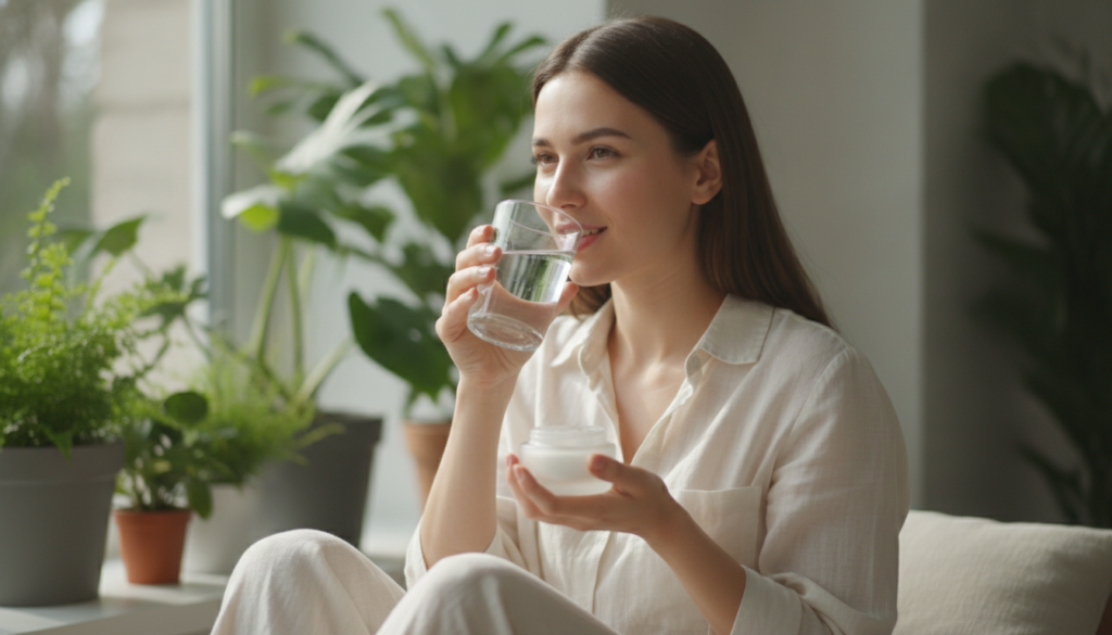 Woman drinking water and applying moisturizer for clear skin Woman drinking water and applying moisturizer for clear skin