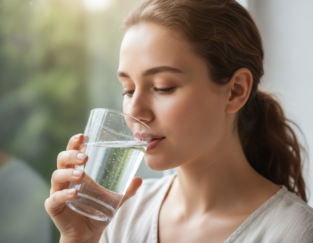 Woman drinking water for skin hydration and natural clear skin health