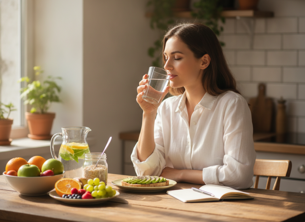 Woman drinking water with healthy breakfast Woman drinking water with healthy breakfast