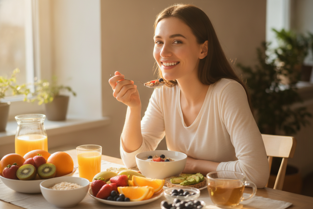 Woman eating healthy breakfast with glowing skin Woman eating healthy breakfast with glowing skin