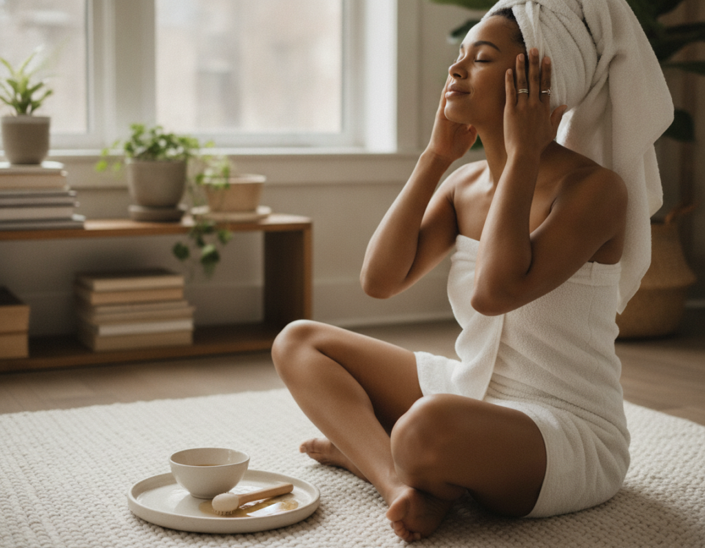 Woman enjoying the benefits scalp massage may provide during a calm routine