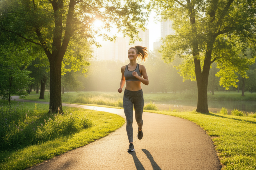 Woman exercising outdoors for improved blood circulation and clear skin naturally