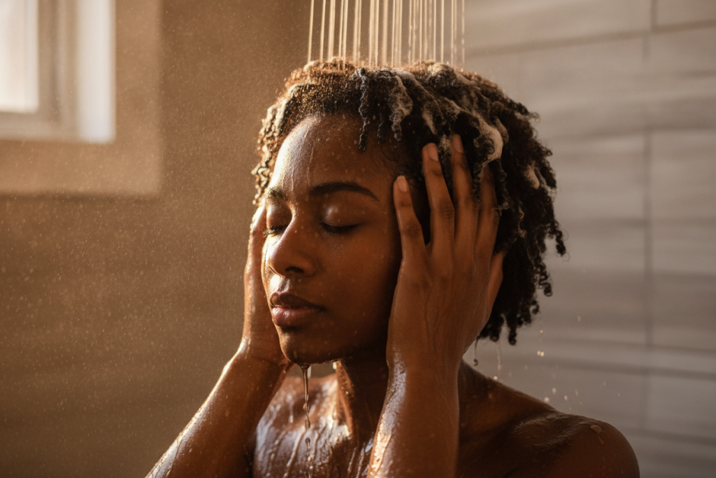 Woman gently cleansing her scalp during natural hair care
