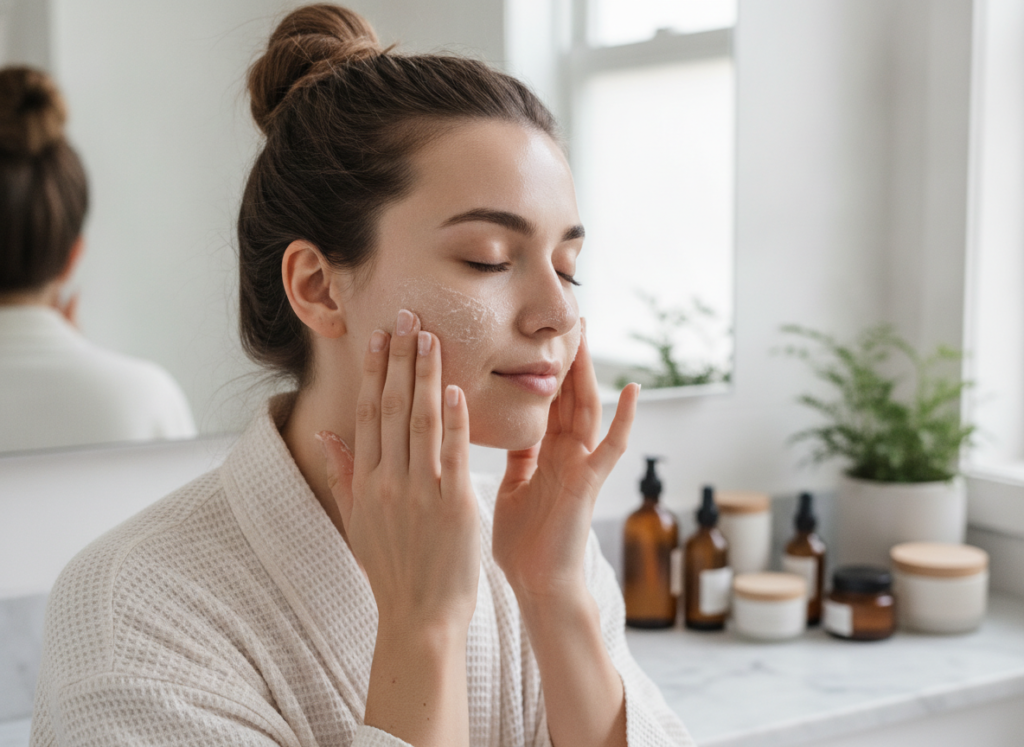Woman gently exfoliating face for glowing skin and cell renewal
