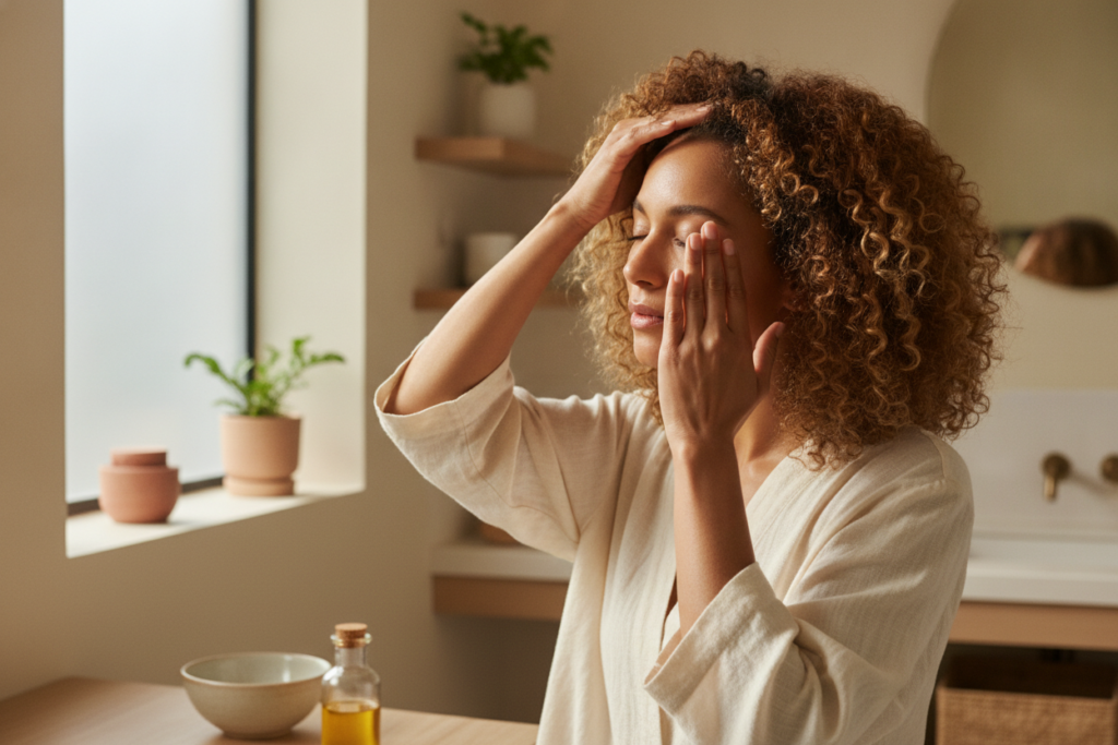 Woman gently massaging hair oil into her scalp