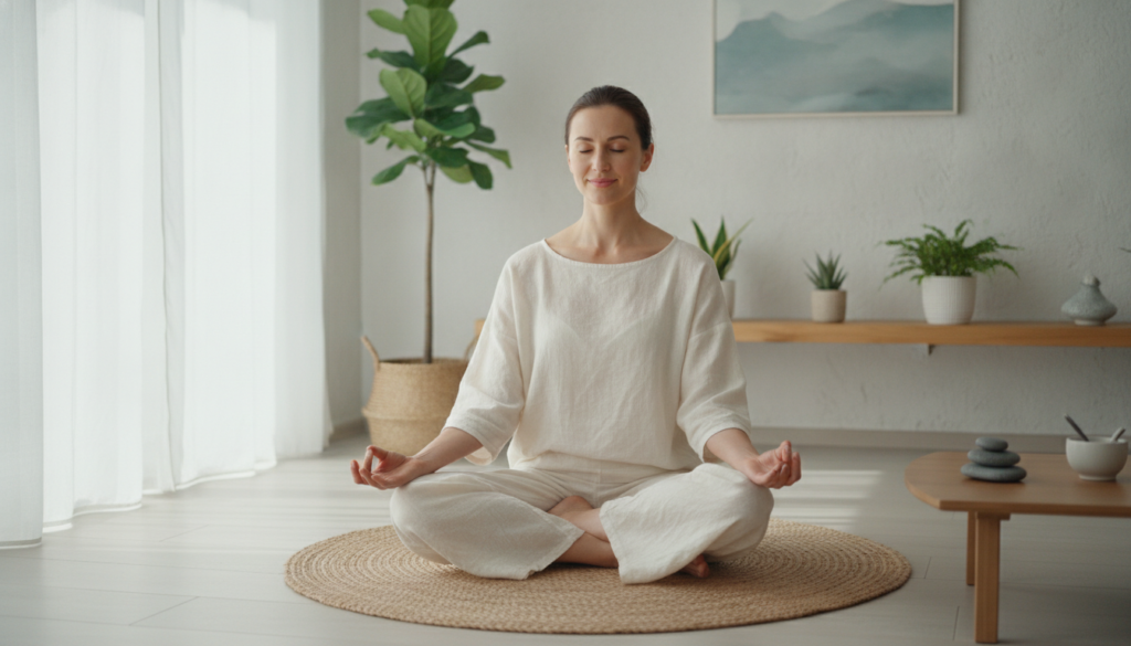 Woman meditating peacefully for stress reduction and skin health