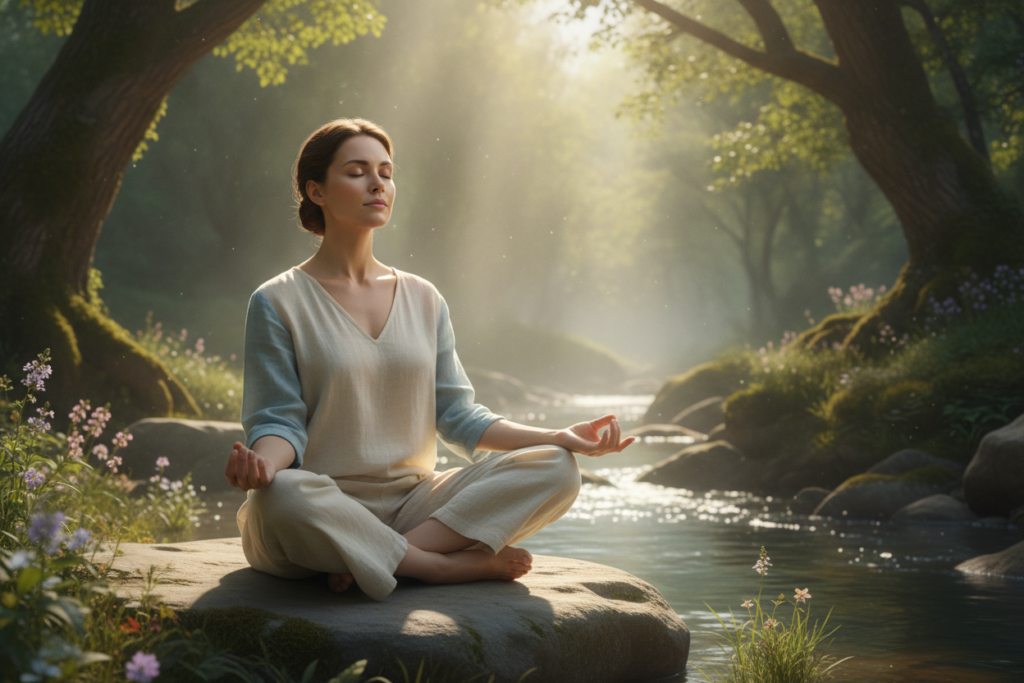Woman practicing meditation for stress management and clear skin naturally
