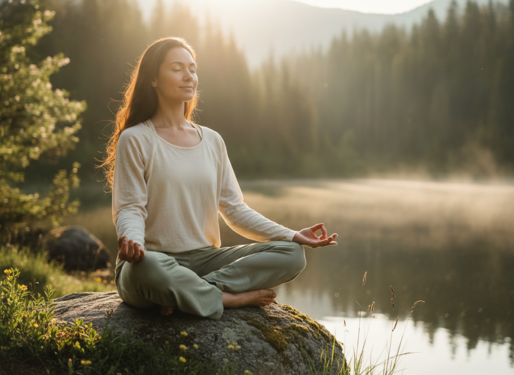 Woman practicing yoga meditation for stress relief and skin health