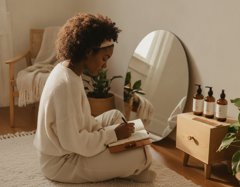 Woman recording a natural hair journey in a notebook Woman recording a natural hair journey in a notebook