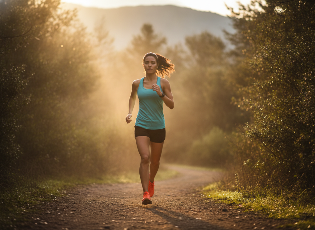 Woman running outdoors in nature for cardiovascular health