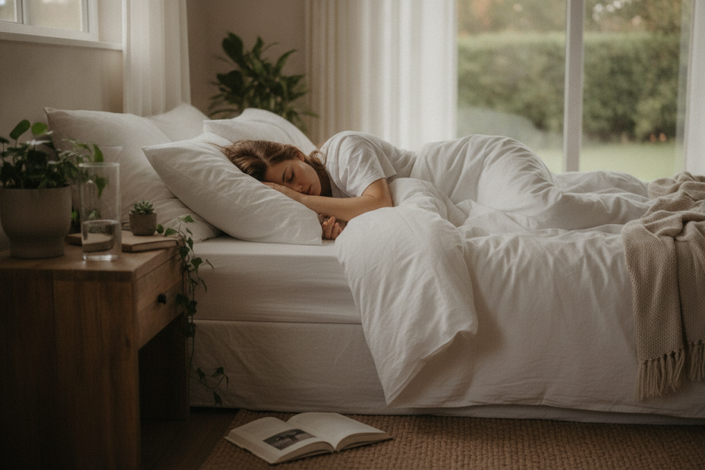 Woman sleeping peacefully demonstrating healthy lifestyle for clear skin Woman sleeping peacefully demonstrating healthy lifestyle for clear skin