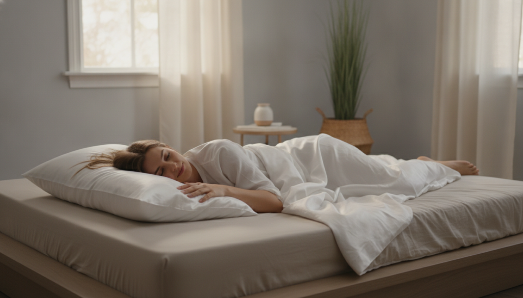 Woman sleeping peacefully on white pillows in a serene bedroom