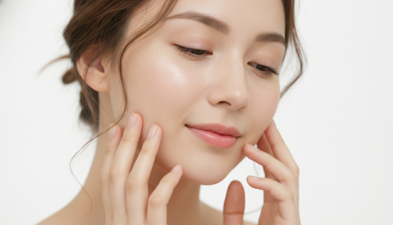 Woman touching her clear glowing skin after overnight skincare routine