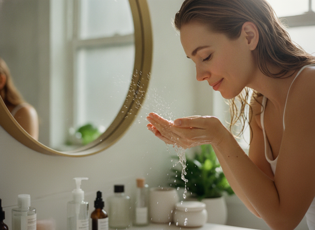 Woman washing face with cold water in morning skincare routine
