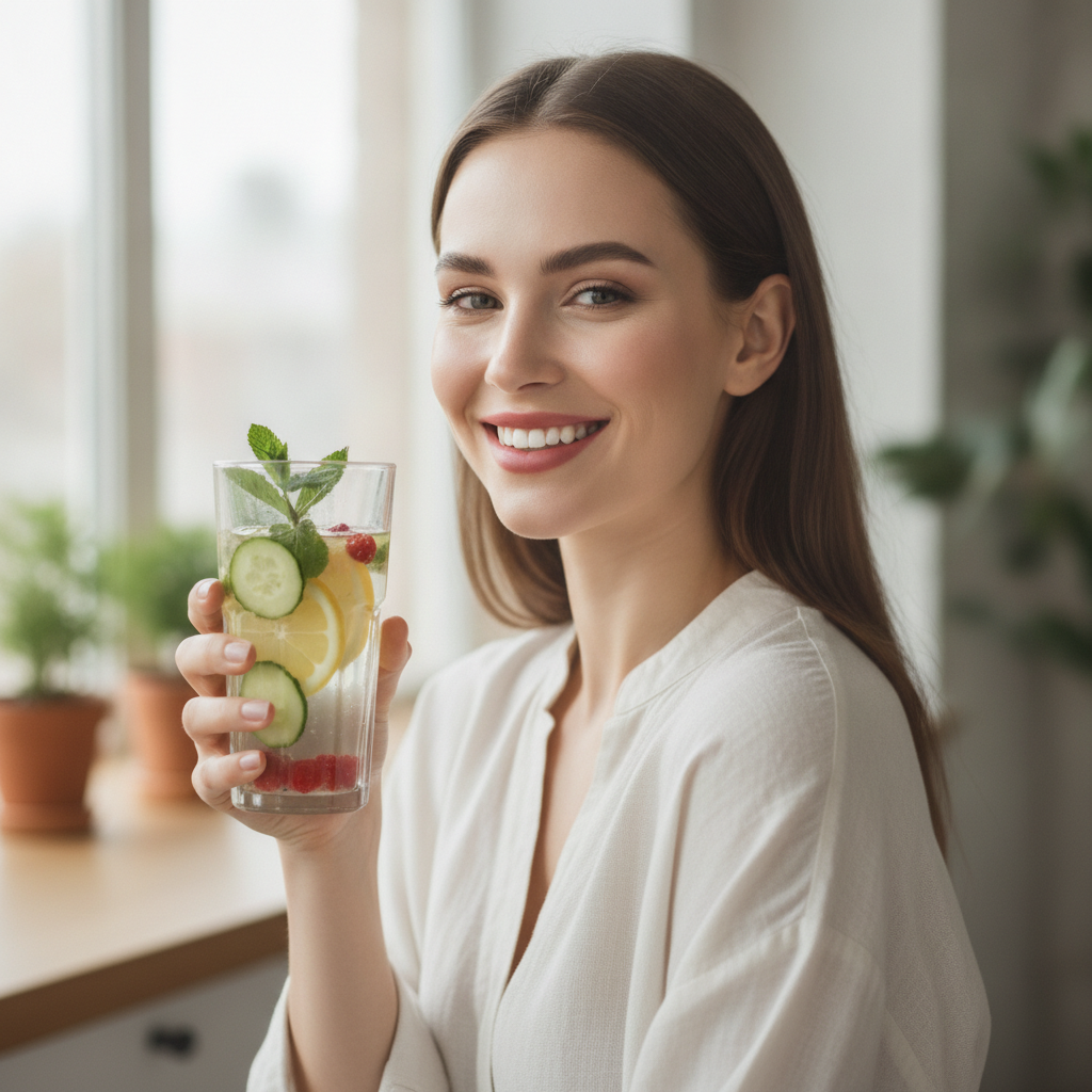 Woman with clear glowing skin holding glass of detox water