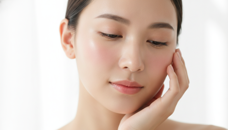 Woman with clear glowing skin naturally touching her face with fresh complexion