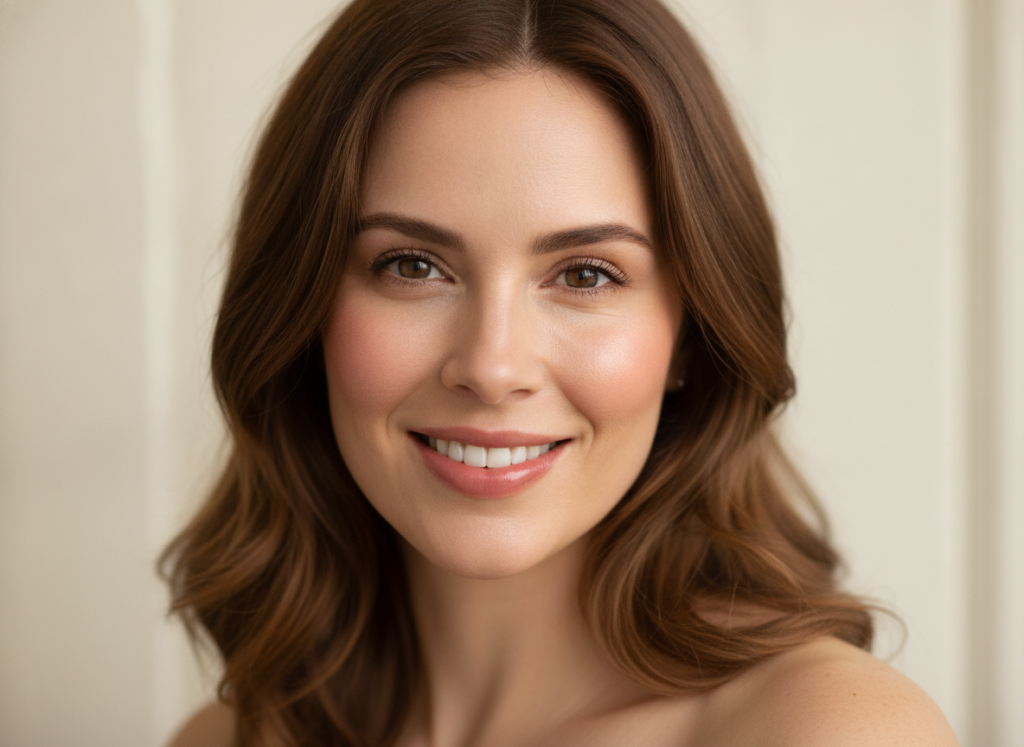 Woman with clear glowing skin smiling confidently at camera