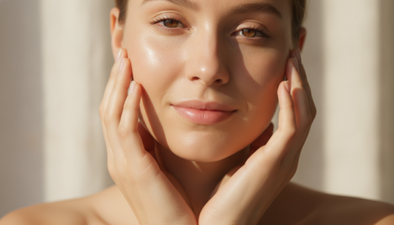 Woman with clear glowing skin touching her face gently against a soft natural background