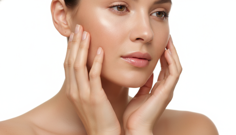 Woman with clear glowing skin touching her face in natural lighting showcasing healthy complexion