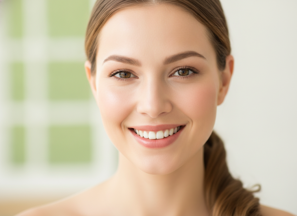 Woman with clear healthy skin showing confidence and natural beauty Woman with clear healthy skin showing confidence and natural beauty