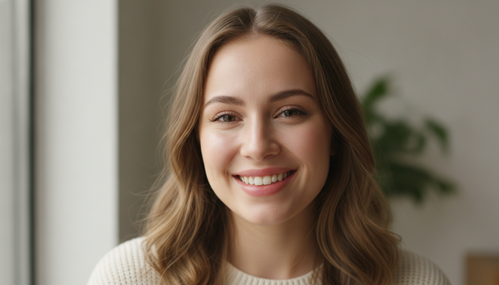 Woman with clear radiant skin achieved naturally through healthy lifestyle