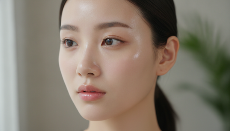 Woman with flawless Korean glass skin showcasing radiant dewy complexion and luminous glow