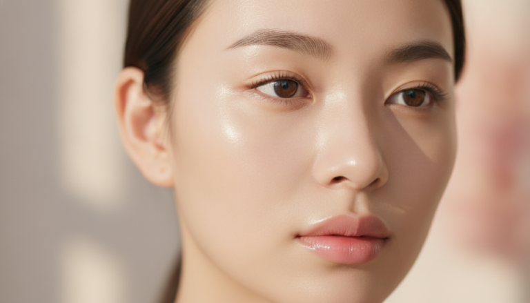 Woman with flawless glass skin complexion showing radiant dewy glow
