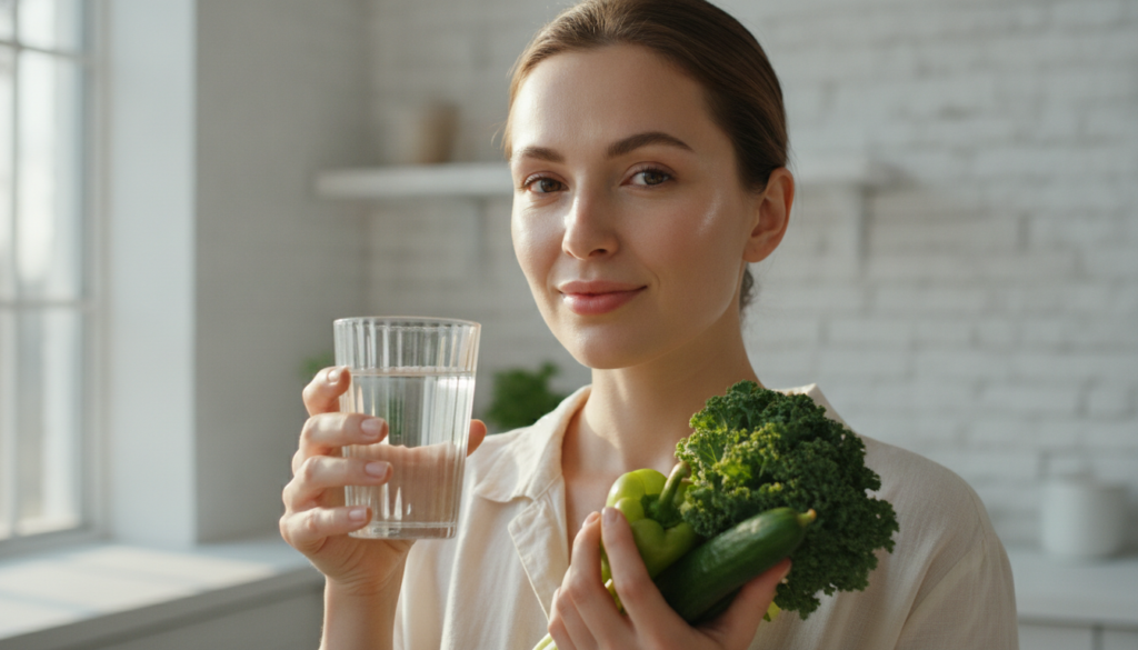 Woman with glass skin drinking water and holding healthy food