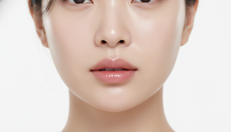 Woman with glass skin showing luminous poreless complexion
