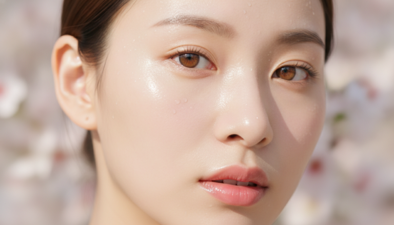 Woman with glass skin showing radiant dewy complexion