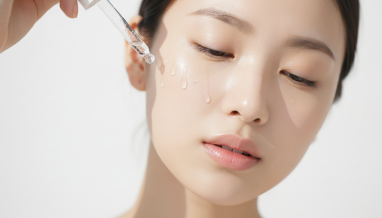 Woman with glass skin skincare routine applying serum