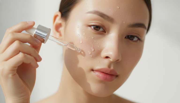 Woman with glowing glass skin applying skincare product to face