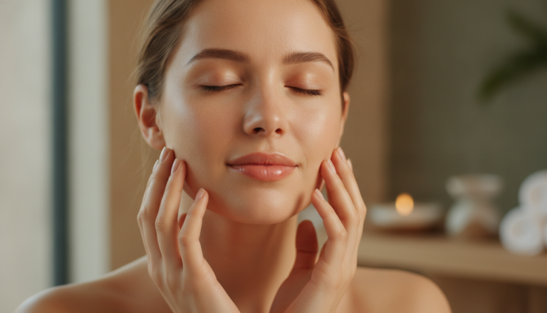 Woman with glowing healthy skin applying natural skin care home remedies