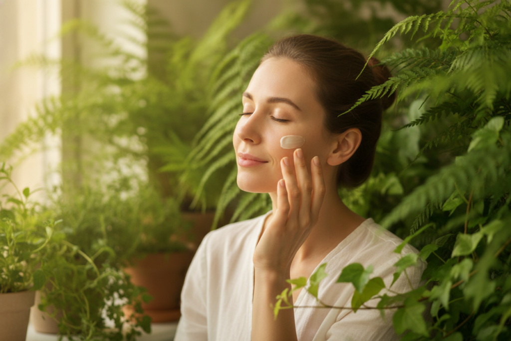 Woman with glowing healthy skin applying natural skincare products