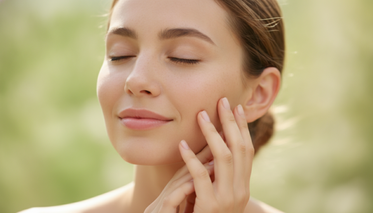 Woman with glowing radiant skin touching face naturally
